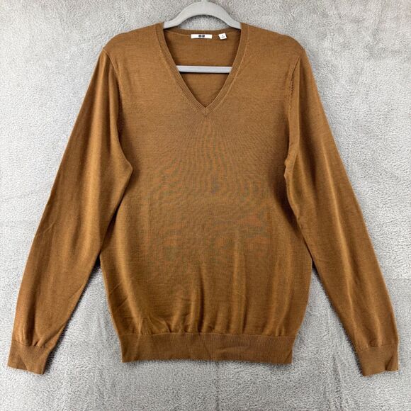 Uniqlo Sweater Womens M Tan Merino Wool V-Neck Long Sleeve StretchRib Hem Light - Picture 1 of 12